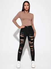 High Waist Distressed Skinny Jeans Ripped Holes Slim Fit Denim Pants