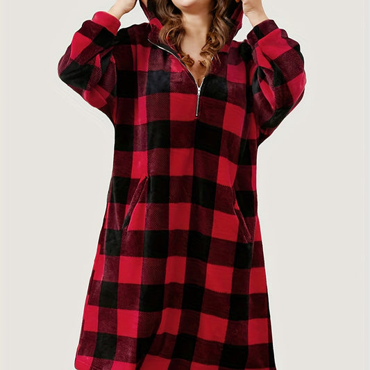 Plaid Pattern Zipper Hoodie Robe