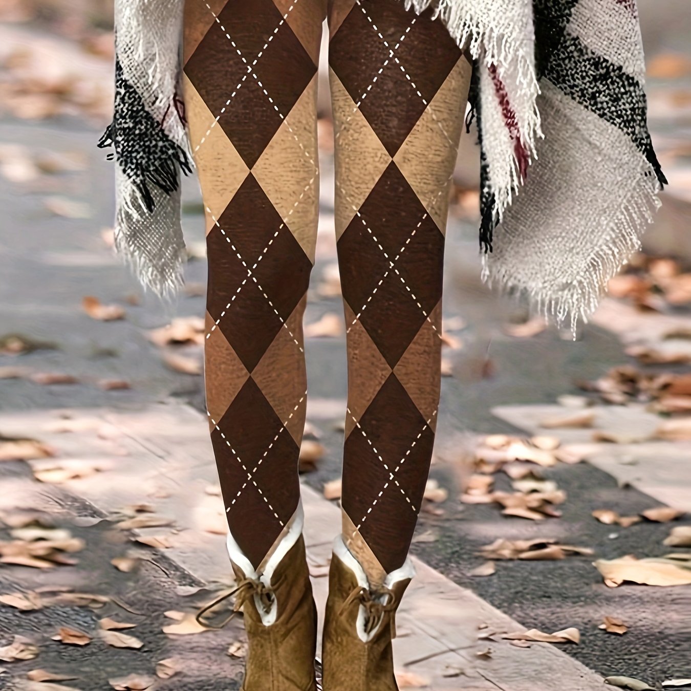 Street Style Leggings Women's Plus Argyle Print High Rise Leggings