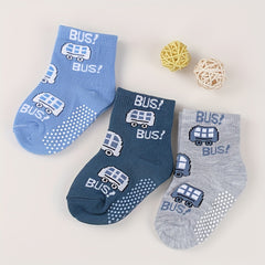 3 Pairs Non-slip Socks for 0-2 Year Old Boys - Little Train & Polka Dot Pattern
