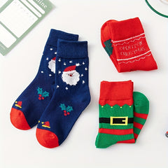 3 Pairs Kids Christmas Socks, Red Cartoon Sleeves, Thick Fleece Warm Socks
