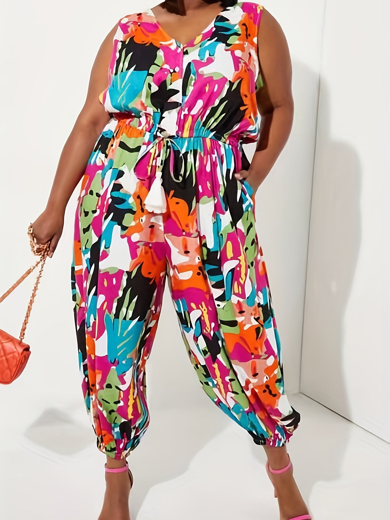 Plus Size Casual Tank Jumpsuit Allover Print V Neck Drawstring Tapered Leg
