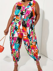 Plus Size Casual Tank Jumpsuit Allover Print V Neck Drawstring Tapered Leg