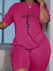Faith Print 2pc Set Short Sleeve T Shirt & Biker Shorts Outfit Women's Clothing