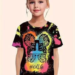 Tie Dye Pattern Cartoon Girl Short Sleeve T-shirt Girls Pullover Summer Sports