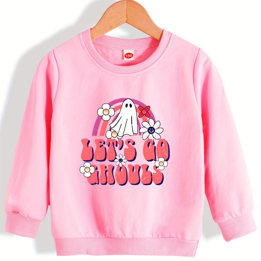 Girls' Floral Ghost Pattern Sweatshirt - Halloween Party Top