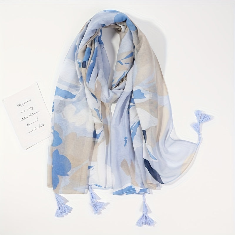 Flower Print Tassel Scarf Voile Shawl Windproof Warm Head Wrap