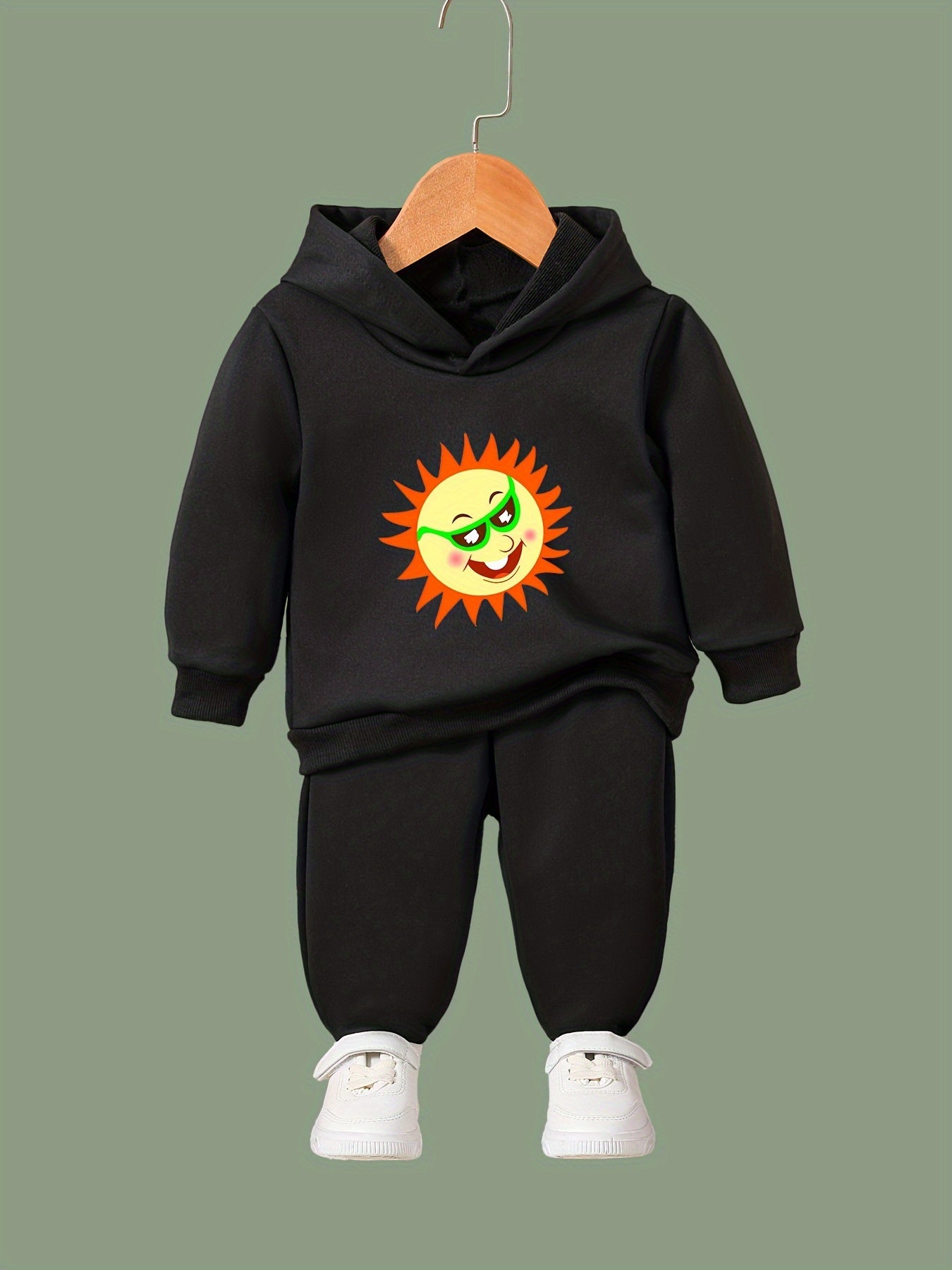 Kid's Cartoon Sun Print Outfit Hoodie & Pants Set Girl's Sporty Clothes