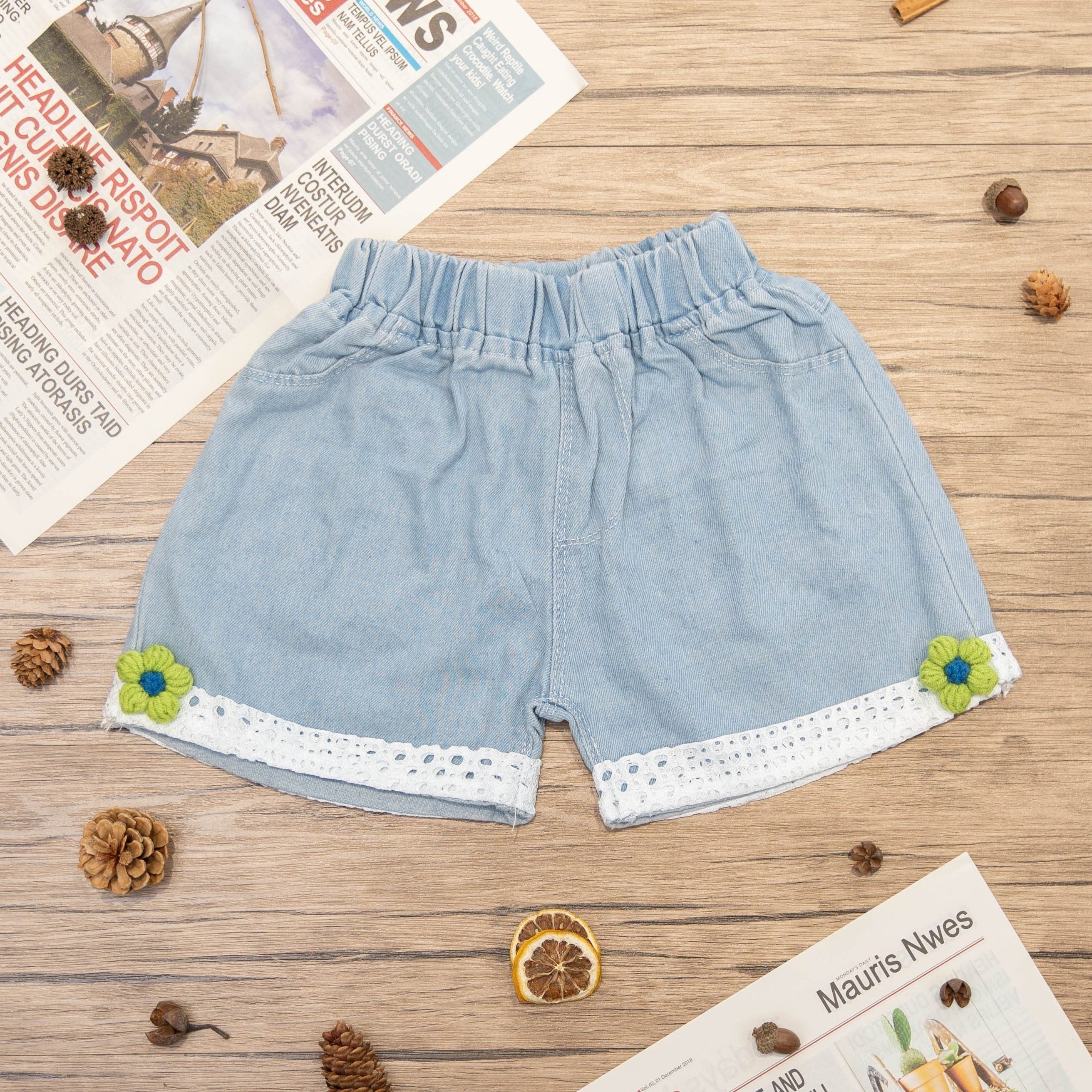 Girls' Denim Shorts With Lace Fringes And Flower Decor