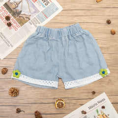Girls' Denim Shorts With Lace Fringes And Flower Decor