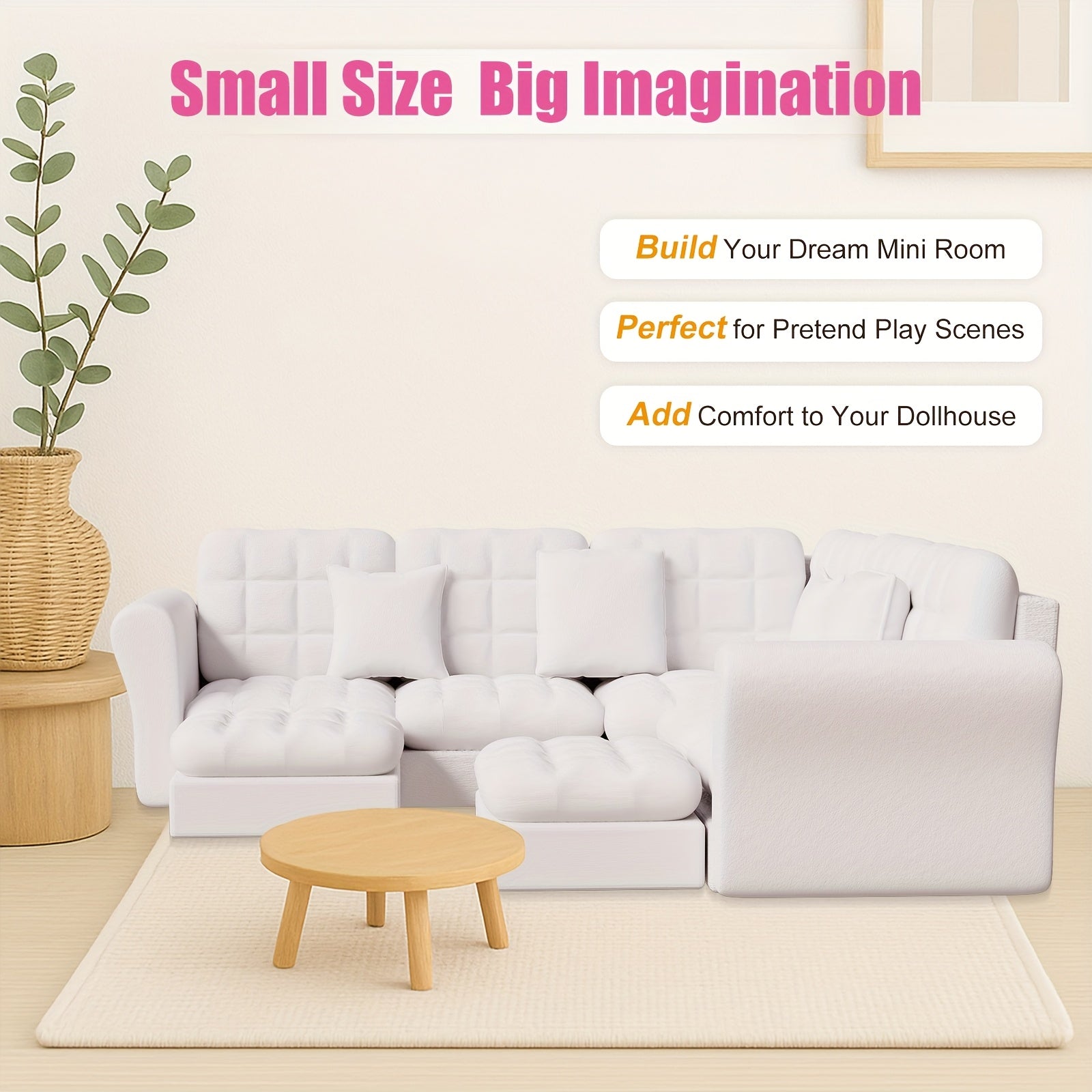 Dollhouse Sofa Set with Ottomans 5 Seat Corner Couch Modern Toy Furniture