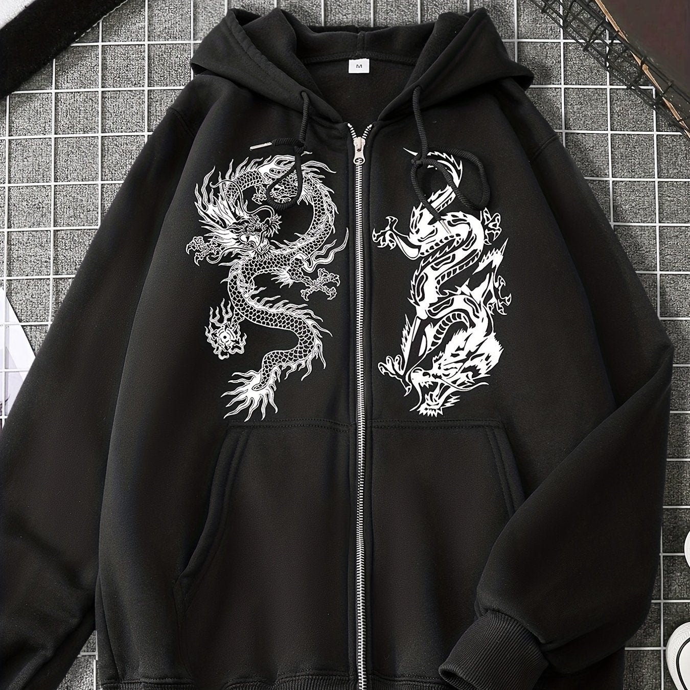 Dragon Print Zip Up Hoodie with Kangaroo Pocket for Women