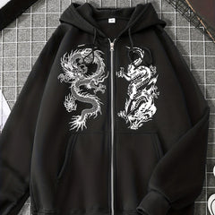 Dragon Print Zip Up Hoodie with Kangaroo Pocket for Women