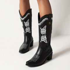 Women's Butterfly Embroidery Cowboy Boots Pull On Mid Calf Boots