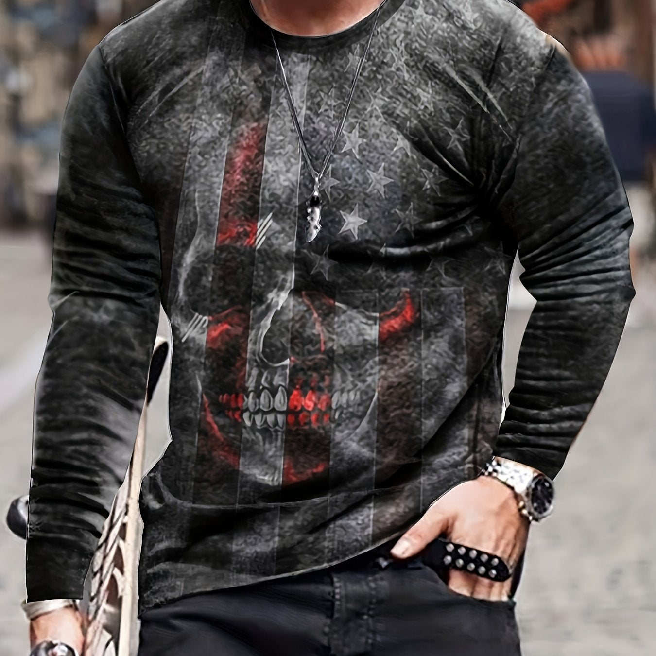 Men's 3D American Flag & Skull Graphic Long Sleeve T-shirt