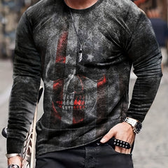 Men's 3D American Flag & Skull Graphic Long Sleeve T-shirt