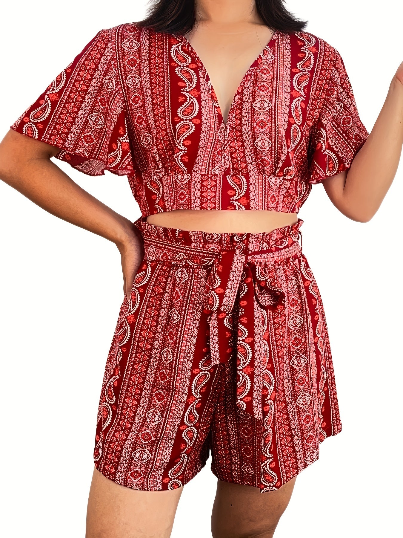 Paisley Print Two Piece Set Plunging V Neck Top & Wide Leg Shorts