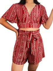 Paisley Print Two Piece Set Plunging V Neck Top & Wide Leg Shorts