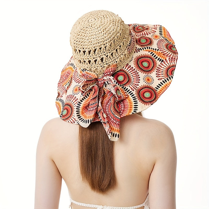 Boho Crochet Sun Hat Wide Brim Straw Hat Bowknot Fisherman Cap