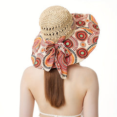 Boho Crochet Sun Hat Wide Brim Straw Hat Bowknot Fisherman Cap
