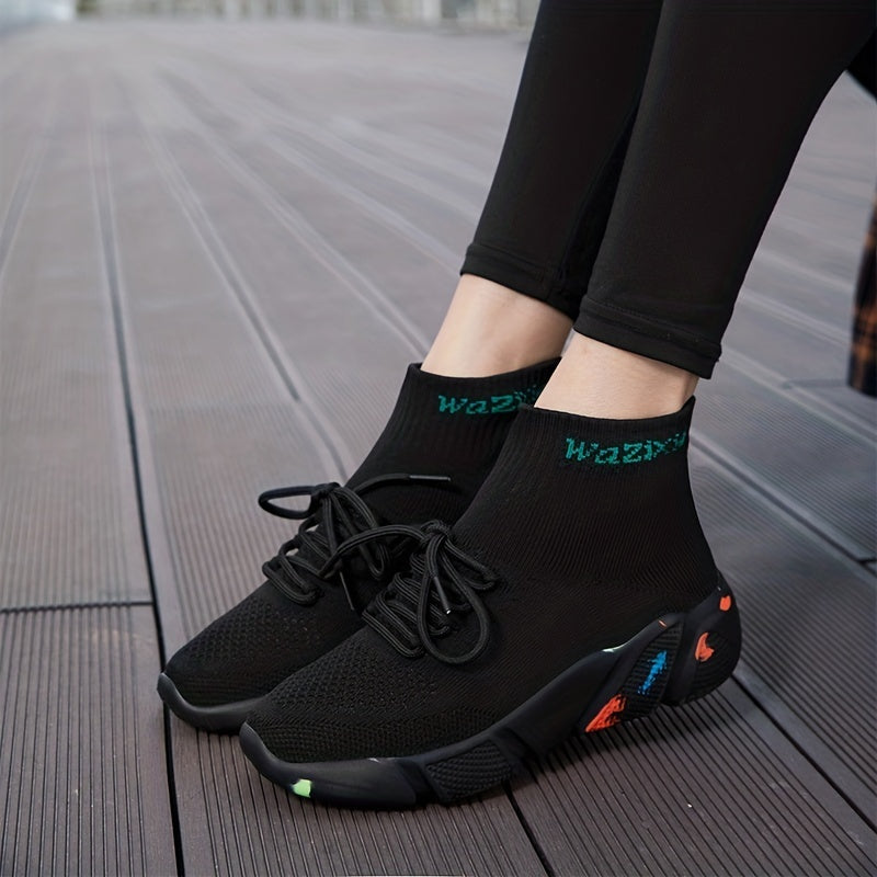 Women's High Top Sock Sneakers Comfy Knit Slip On Lace Up Sports Shoes