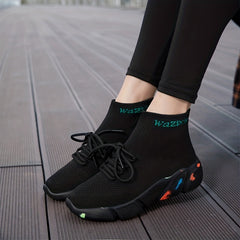 Women's High Top Sock Sneakers Comfy Knit Slip On Lace Up Sports Shoes