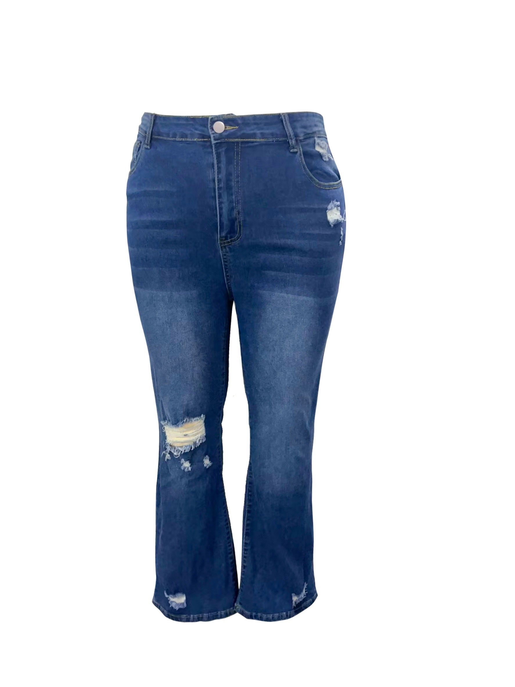 Ripped Button Fly Flared Leg High Stretch Washed Denim Pants