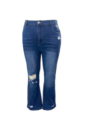 Ripped Button Fly Flared Leg High Stretch Washed Denim Pants