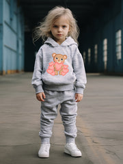 Heart Bear Print Hooded Pullover Pants Set for Kids
