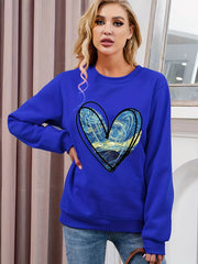 Heart Print Sweatshirt Crew Neck Long Sleeve for Fall & Winter