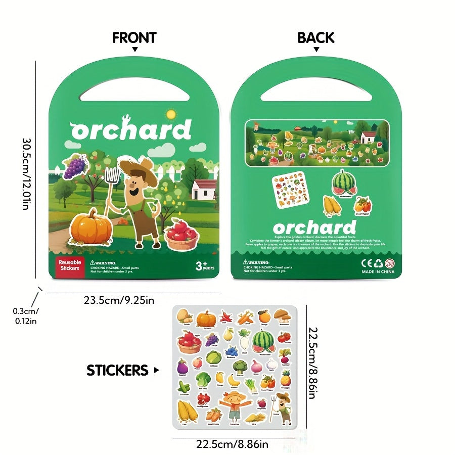 Reusable Sticker Book for Kids - 6 Themes, Animals, Fruits, Easy Peel & Stick