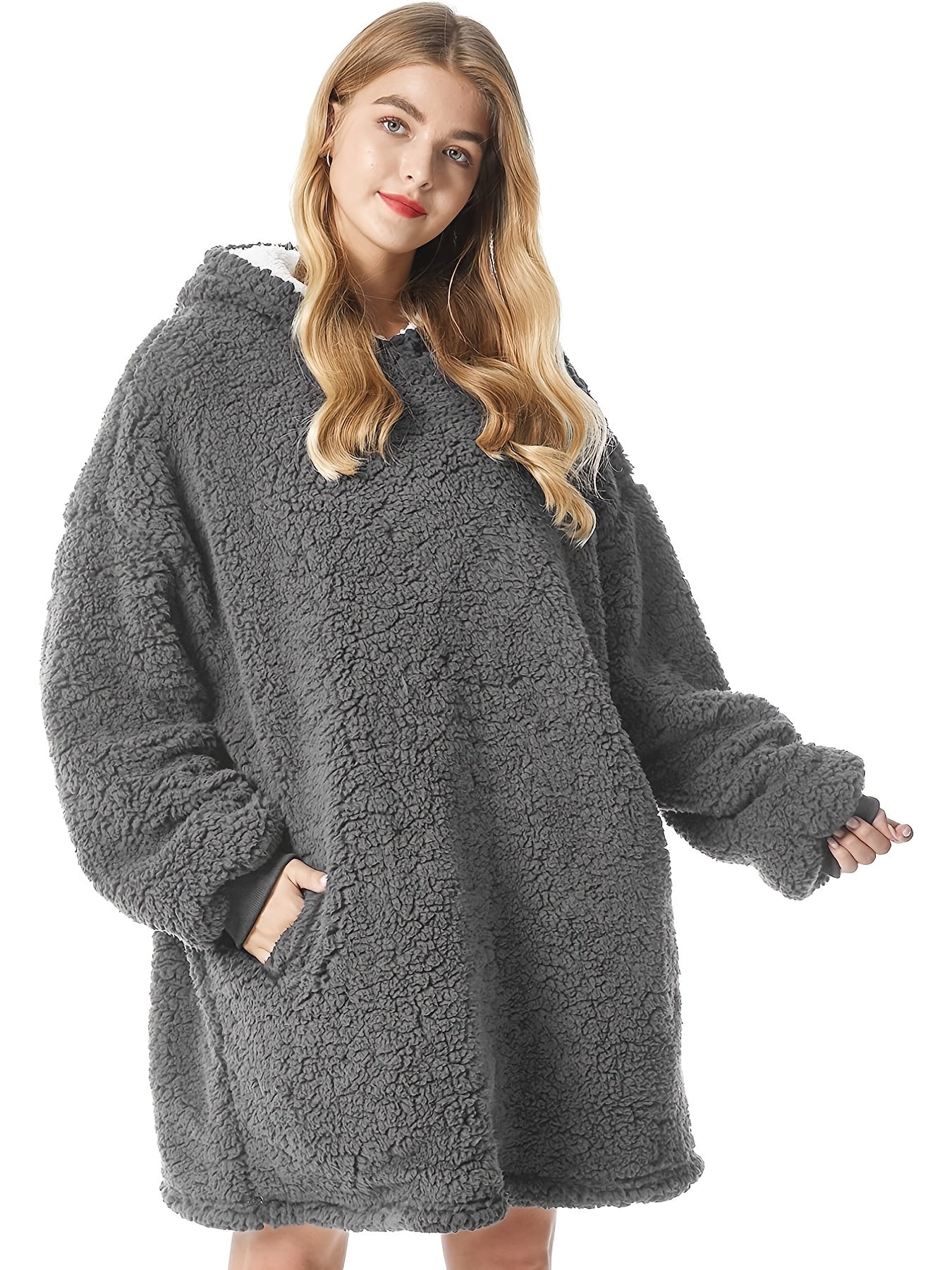 Solid Long Sleeve Hooded Robe Soft Teddy Fleece Blanket