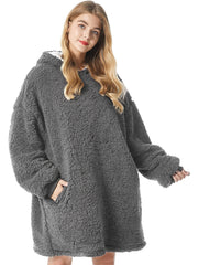 Solid Long Sleeve Hooded Robe Soft Teddy Fleece Blanket
