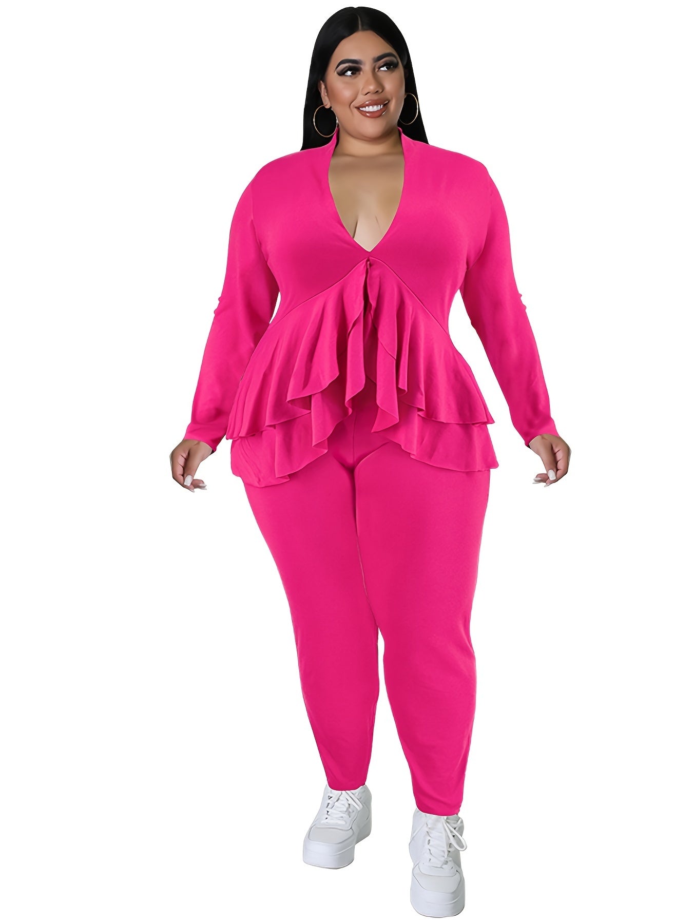 Ruffle Trim V Neck Long Sleeve Shirt & Pants Set Plus Size