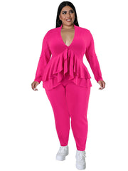 Ruffle Trim V Neck Long Sleeve Shirt & Pants Set Plus Size