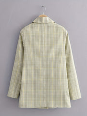 Plaid Print Lapel Blazer Double Breasted Outerwear