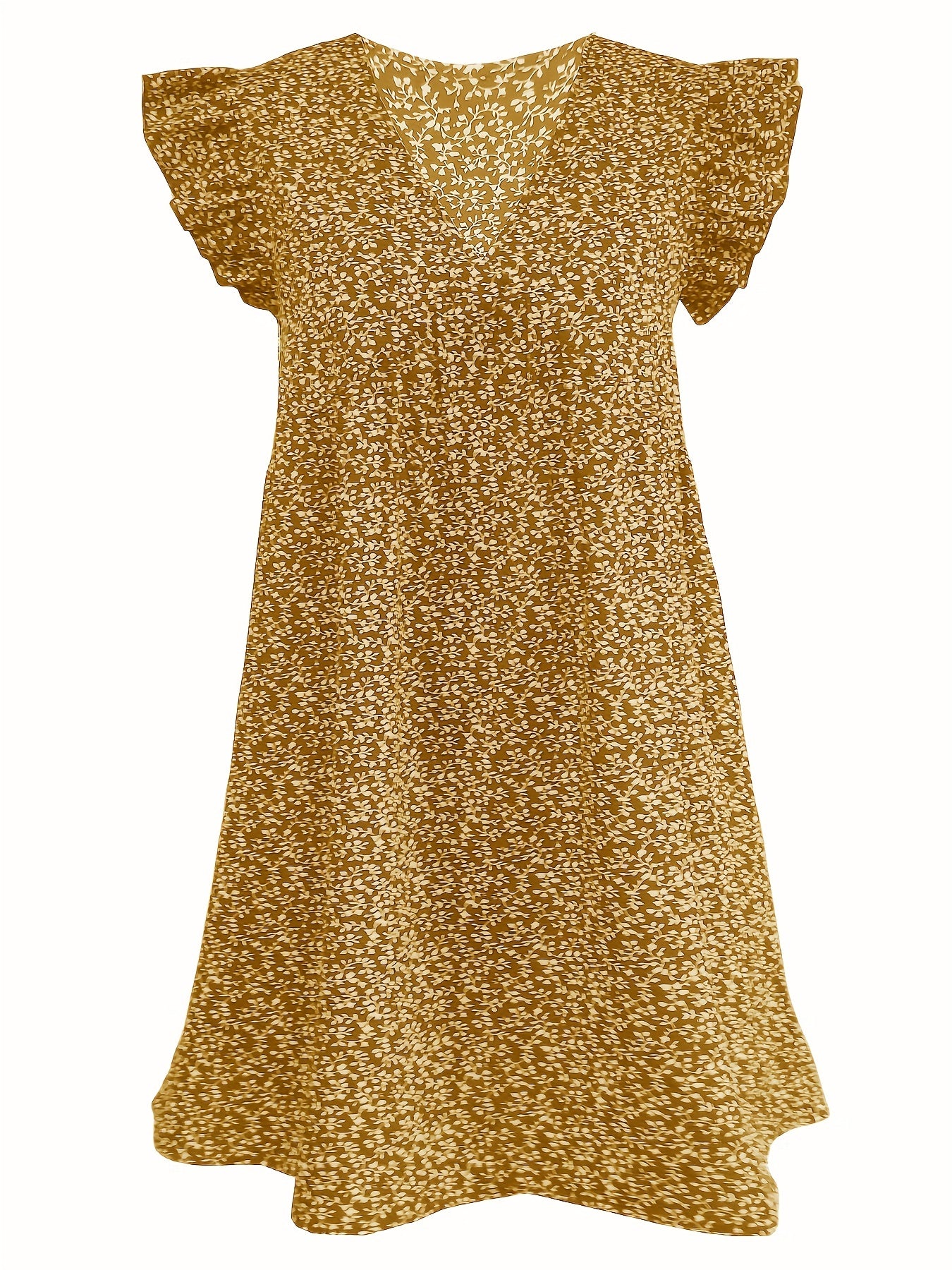 Ditsy Print Ruffle Sleeve V Neck Dress