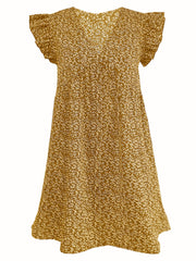 Ditsy Print Ruffle Sleeve V Neck Dress