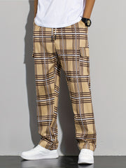 Vintage Plaid Cargo Pants Men's Flap Pocket Straight Trousers