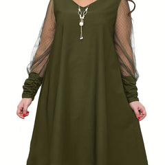 Plus Size Colorblock Mesh Long Sleeve V Neck Dress