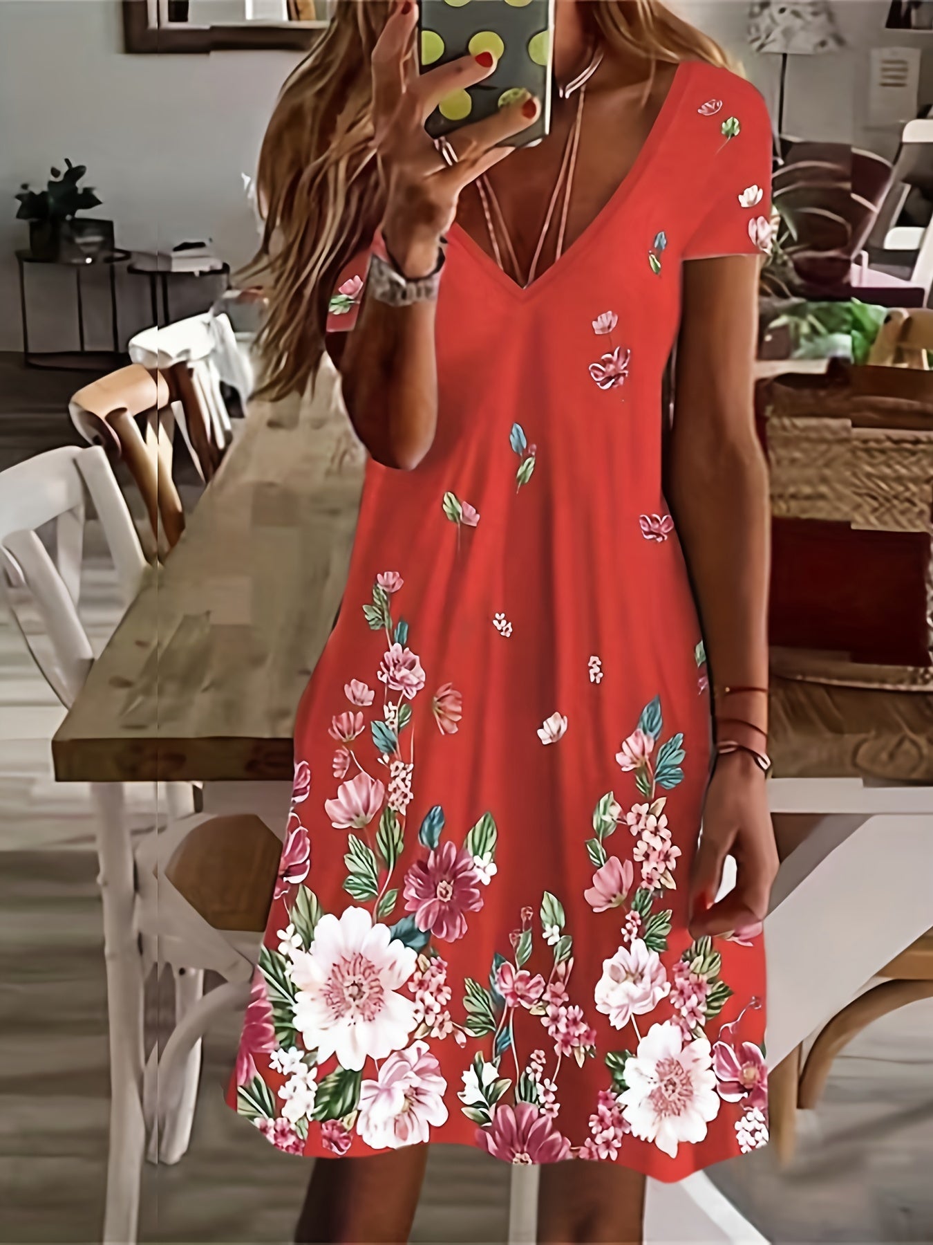 Floral Print V Neck Casual Dress Short Sleeve Summer Spring Women's Clothing