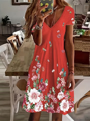 Floral Print V Neck Casual Dress Short Sleeve Summer Spring Women's Clothing