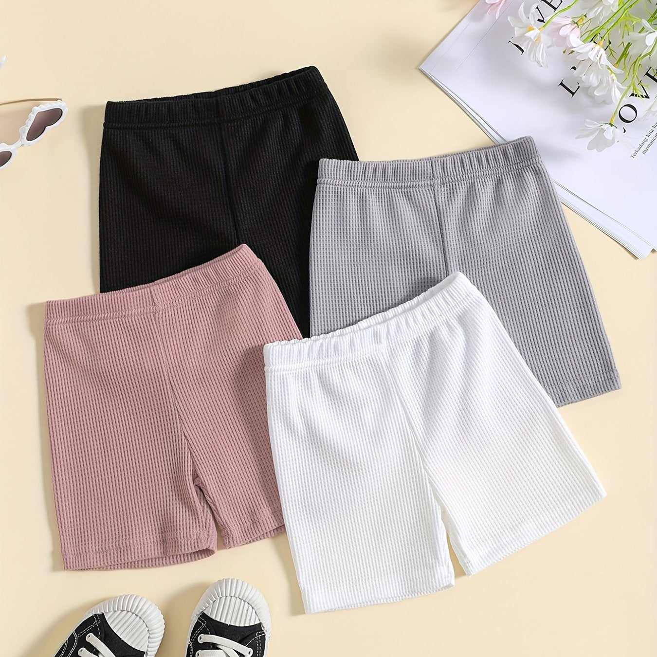 4pcs Girls Waffle Cotton Shorts Set Elastic Waist Comfy Dance Ballet Skirt Under