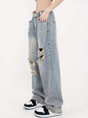 Distressed Straight Jeans Loose Fit Washed Denim Pants
