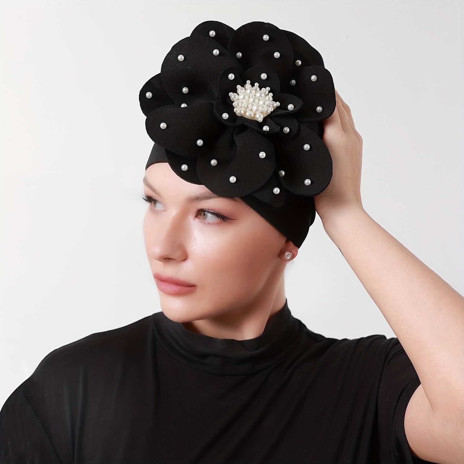 French Turban Cap Faux Pearl Decor Plate Flower Head Wrap