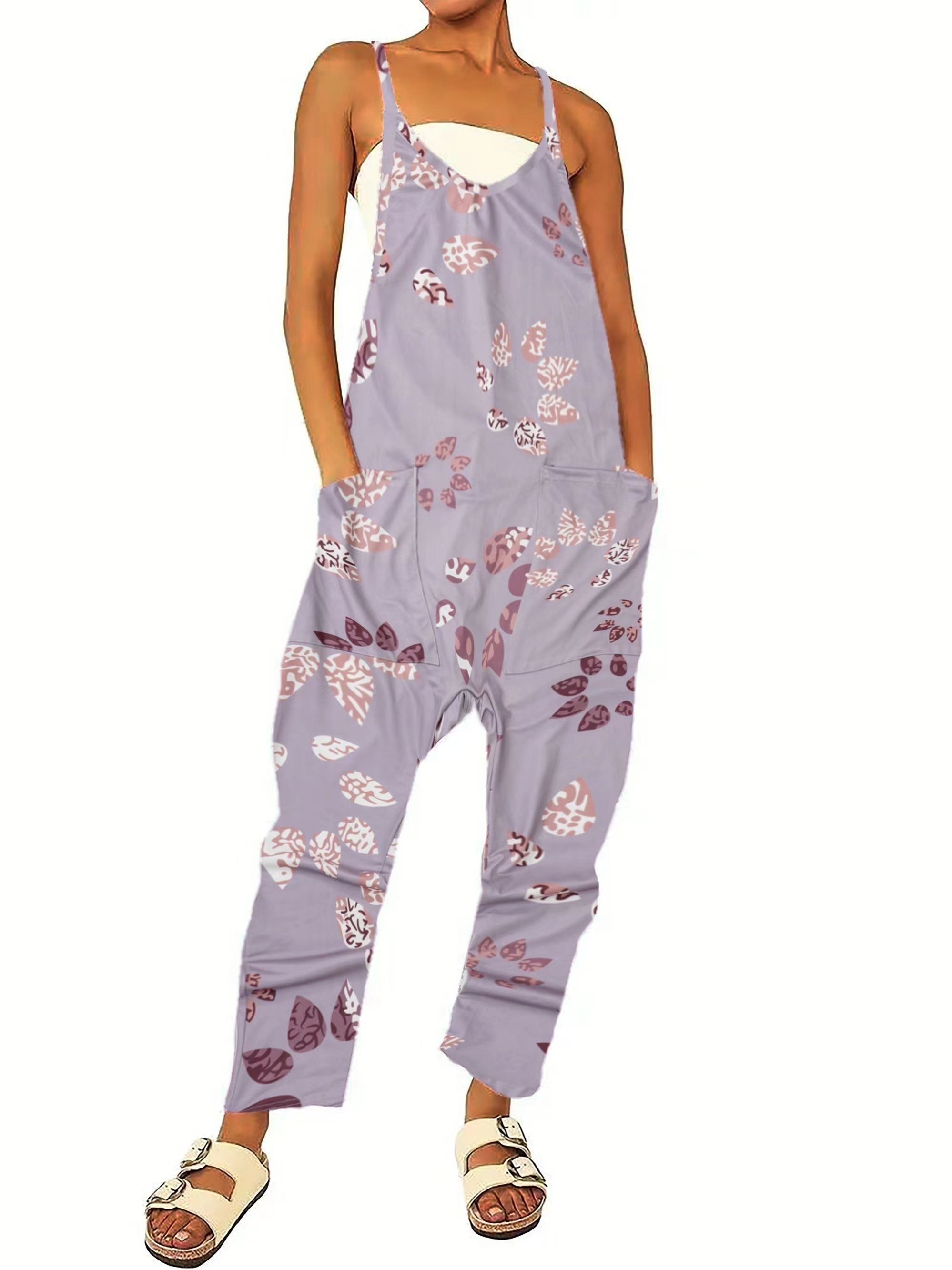 Floral Print Spaghetti Strap Jumpsuit Boho Sleeveless Wide Leg Jumpsuit