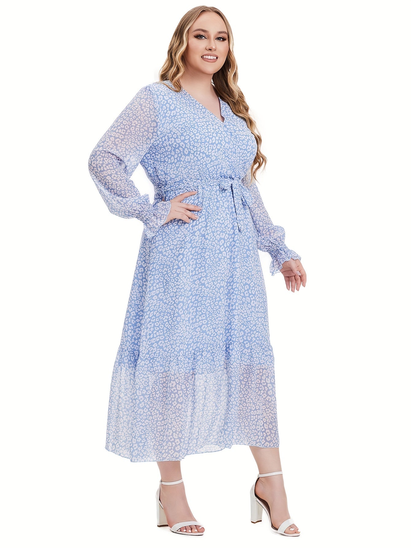 Dalmatian Print Flounce Sleeve Maxi Dress With Belt