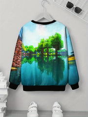Kids 3D Print Sweatshirt Lake Scenery Tee Building Block Top