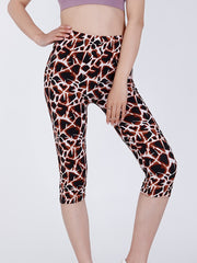 Coffee Stone Print Capris Leggings Casual High Waist Elastic Bottoms Slim Capris