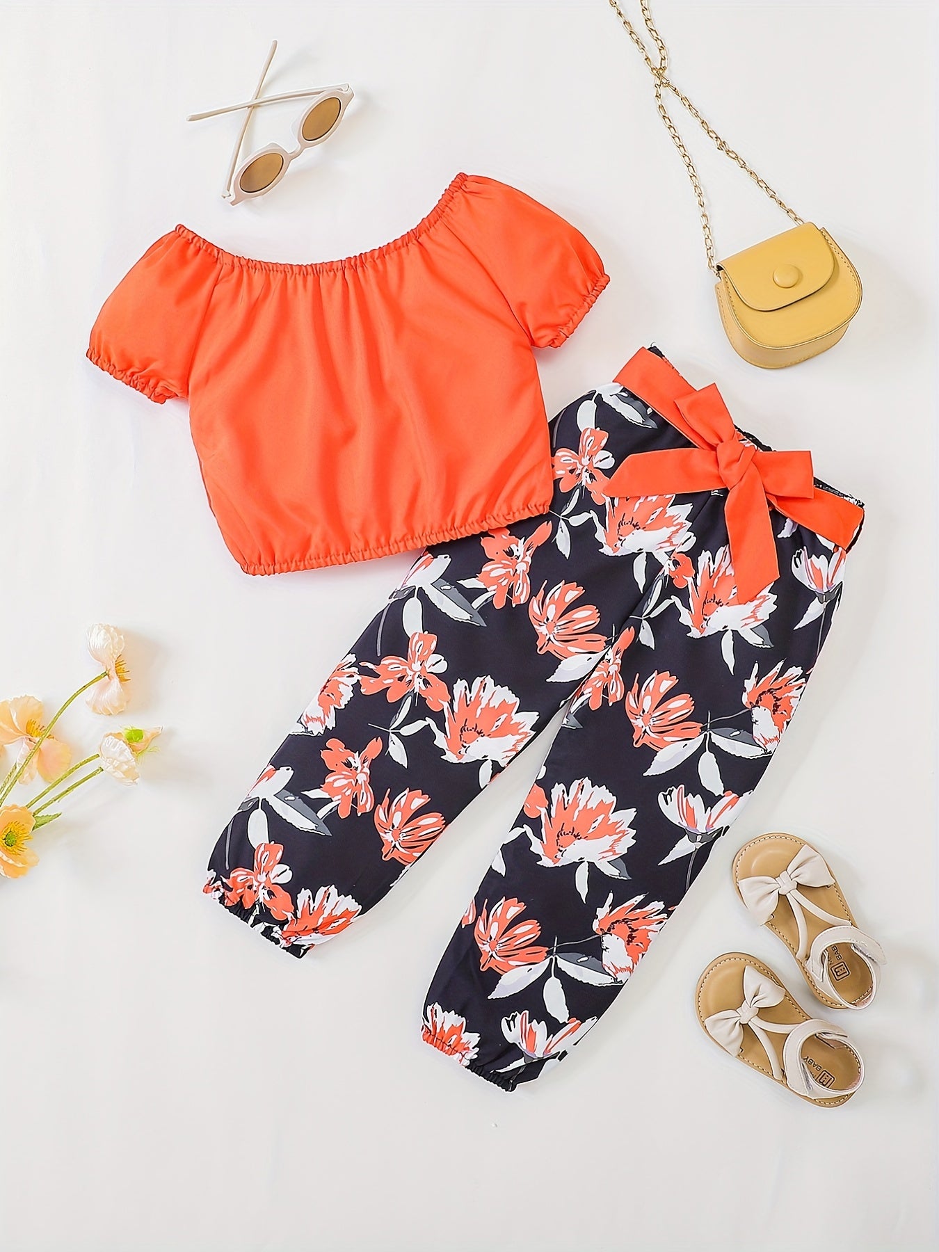 Girls Off Shoulder Crop Top & Flowers Print Pants Set